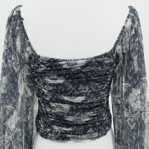 Free People Crop Top Blue Sheer Floral Puff Sleeve Cottagecore Boho Size Large - Picture 10 of 13